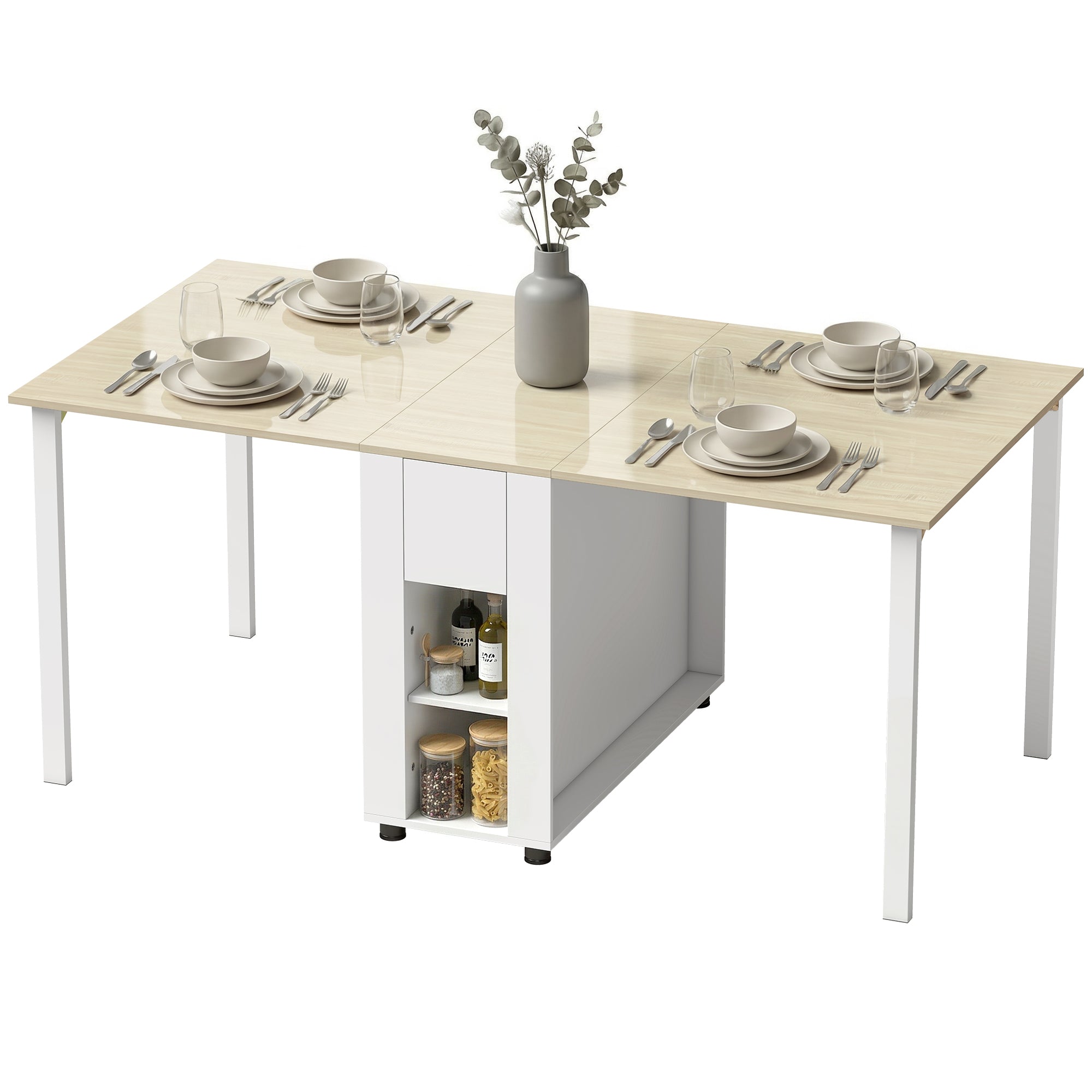 Folding Dining Table, Foldable Kitchen Table for 6 People with Drop Leaves, Drawers and Open Shelves for Small Spaces, 66.3 x 33.5 x 28.7 in (168.2 x 85 x 73 cm), White