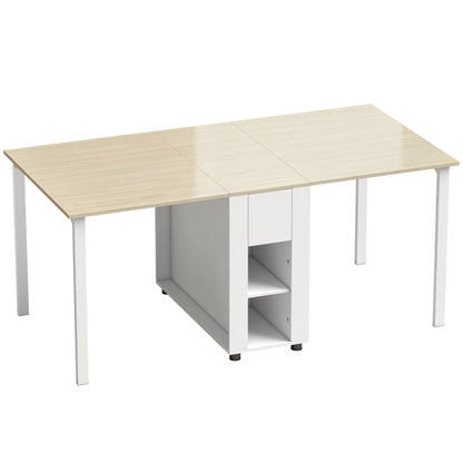 Folding Dining Table, Foldable Kitchen Table for 6 People with Drop Leaves, Drawers and Open Shelves for Small Spaces, 66.3 x 33.5 x 28.7 in (168.2 x 85 x 73 cm), White