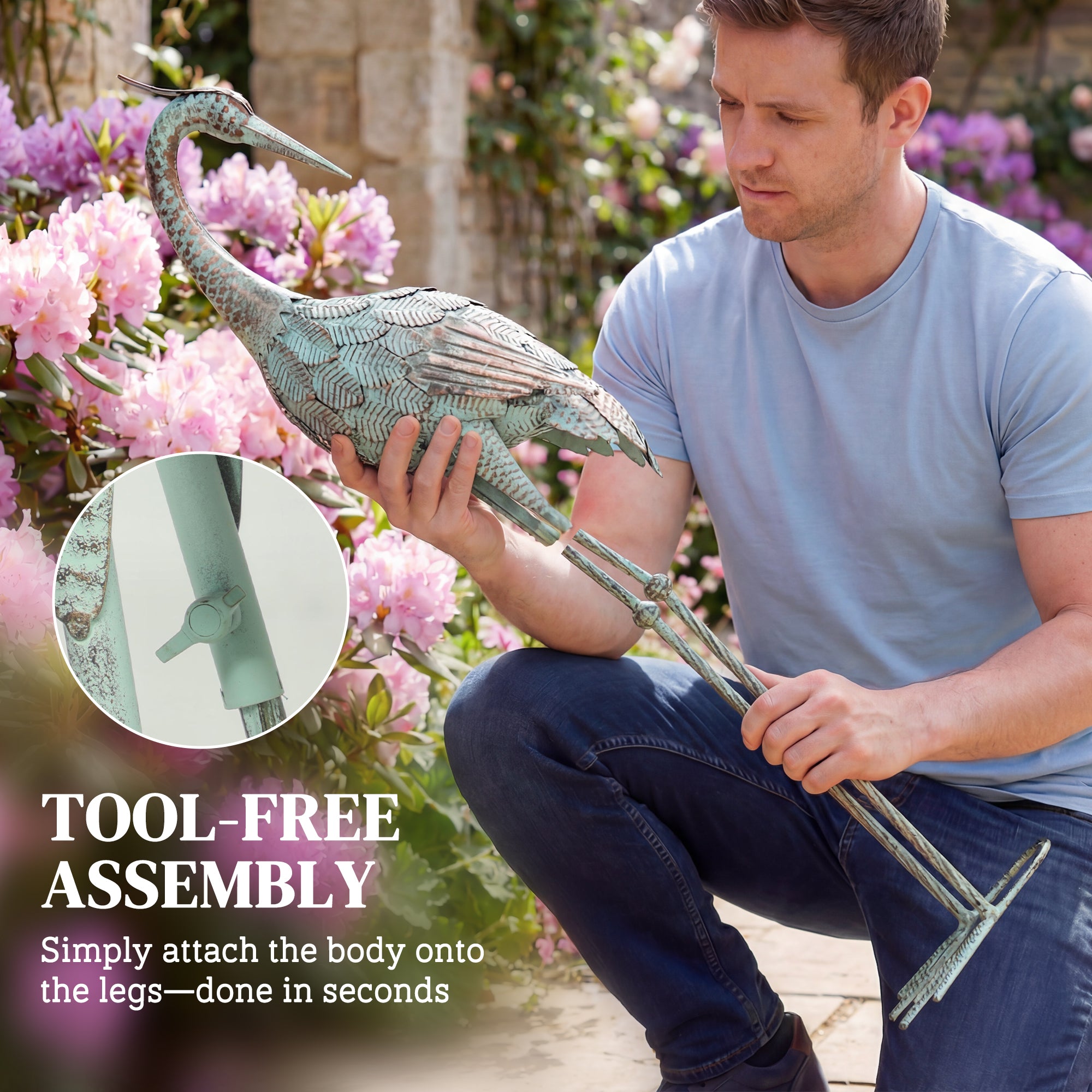 Heron Garden Statue, Metal Outdoor Bird Sculpture Standing 88 cm with Ground Anchors for Patio, Pond, Landscape Decoration, Green + Bronze