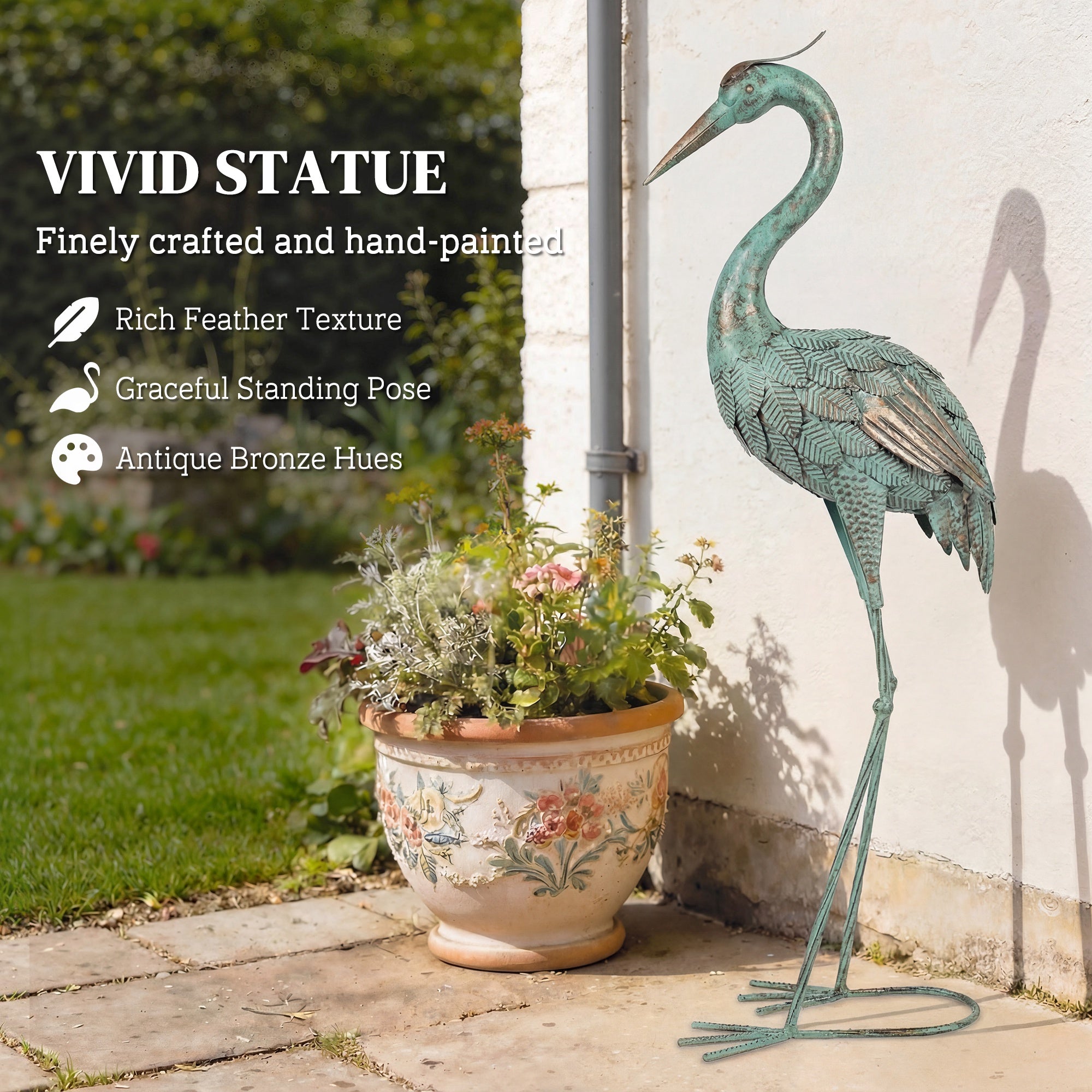 Heron Garden Statue, Metal Outdoor Bird Sculpture Standing 88 cm with Ground Anchors for Patio, Pond, Landscape Decoration, Green + Bronze