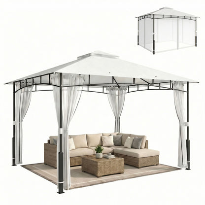 Gazebo 3.6 x 3.0 m (11 ft 9.7 in x 9 ft 10.1 in) — Water-Resistant Metal Garden Pavilion with Mosquito Net, Double Roof, Wood-Effect Posts, Black