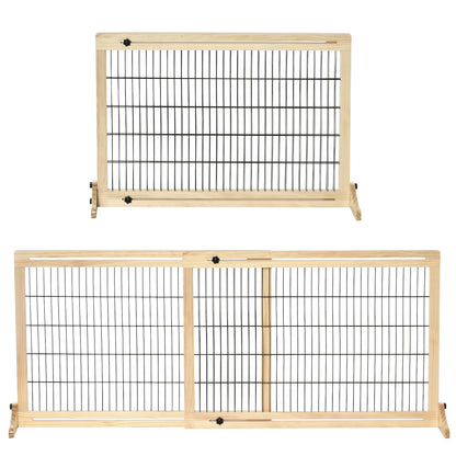 Wooden Dog Barrier, Extendable Door Guard with Foot Support, Freestanding Dog Gate, Stair Guard, Dog Barrier for Fireplace, Oven, Natural, 104-183 x 36 x 69 cm