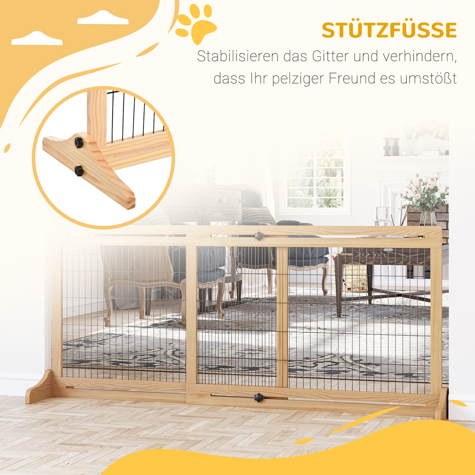 Wooden Dog Barrier, Extendable Door Guard with Foot Support, Freestanding Dog Gate, Stair Guard, Dog Barrier for Fireplace, Oven, Natural, 104-183 x 36 x 69 cm
