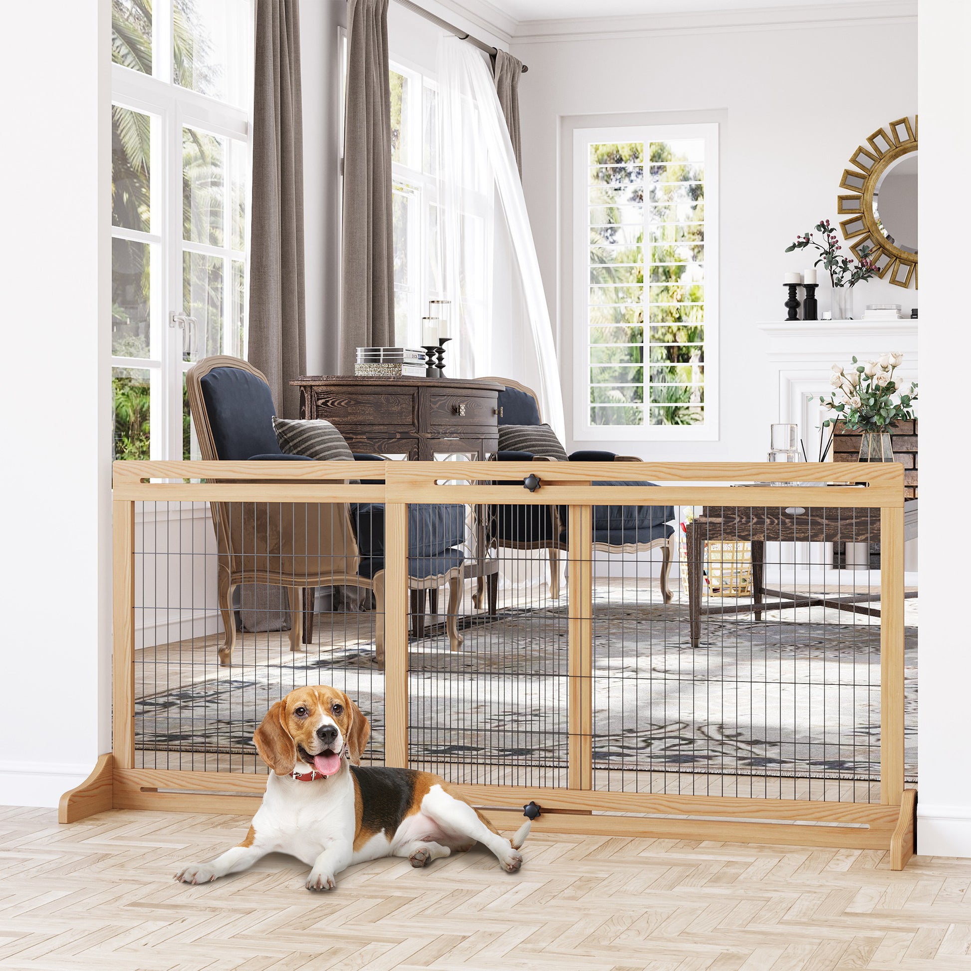 Wooden Dog Barrier, Extendable Door Guard with Foot Support, Freestanding Dog Gate, Stair Guard, Dog Barrier for Fireplace, Oven, Natural, 104-183 x 36 x 69 cm