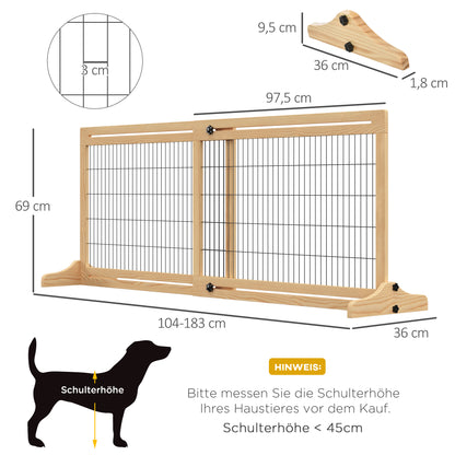 Wooden Dog Barrier, Extendable Door Guard with Foot Support, Freestanding Dog Gate, Stair Guard, Dog Barrier for Fireplace, Oven, Natural, 104-183 x 36 x 69 cm