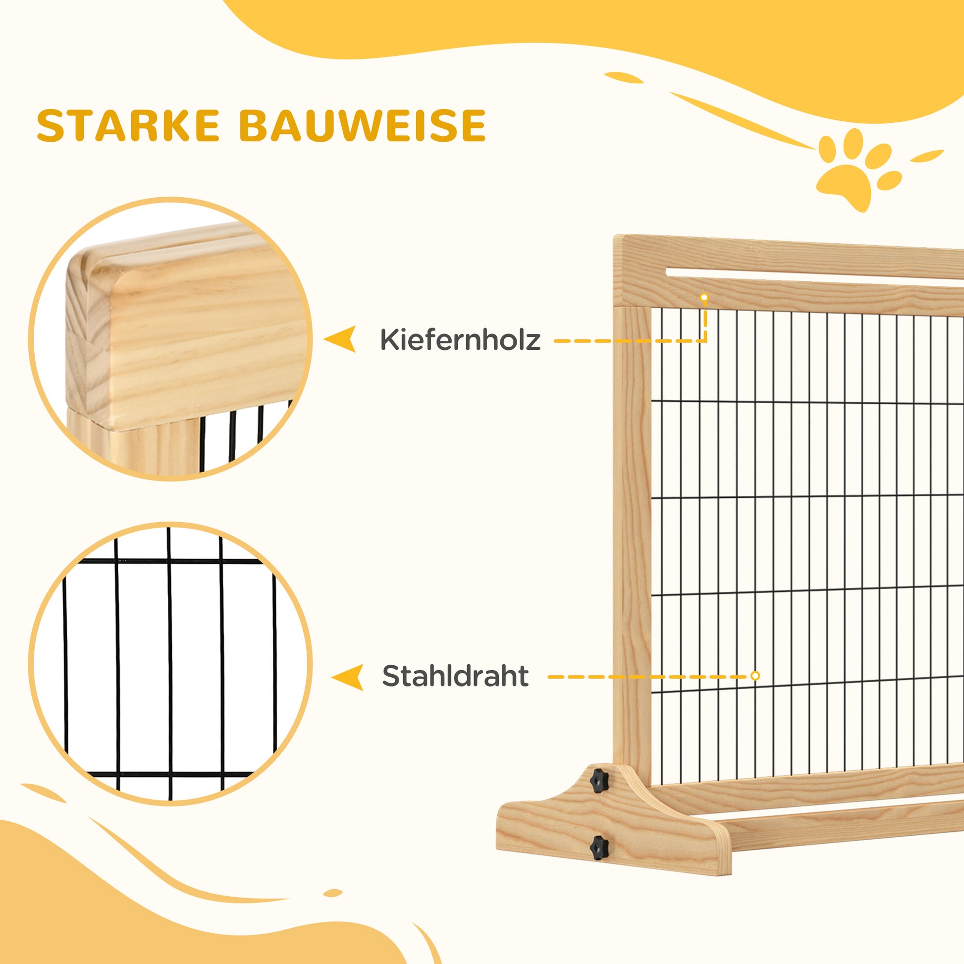 Wooden Dog Barrier, Extendable Door Guard with Foot Support, Freestanding Dog Gate, Stair Guard, Dog Barrier for Fireplace, Oven, Natural, 104-183 x 36 x 69 cm
