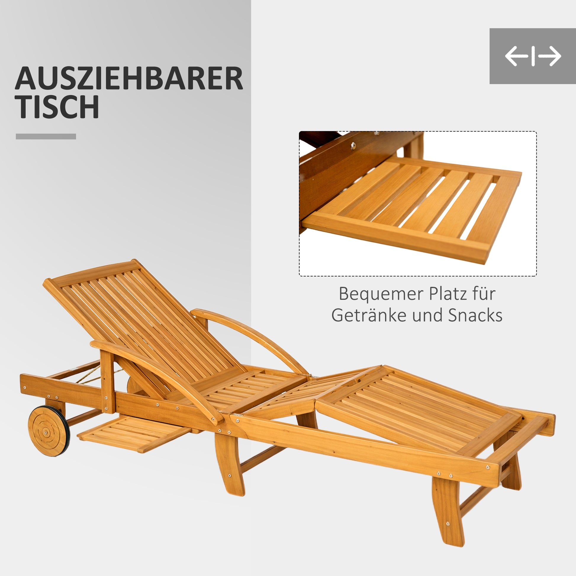 Wooden Sun Lounger Folding Garden Lounger with Side Table, Wheel, Lounger with 4-Position Adjustable Backrest, Camping Lounger, Garden Chair up to 160 kg Load Capacity, for Garden Beach, Teak