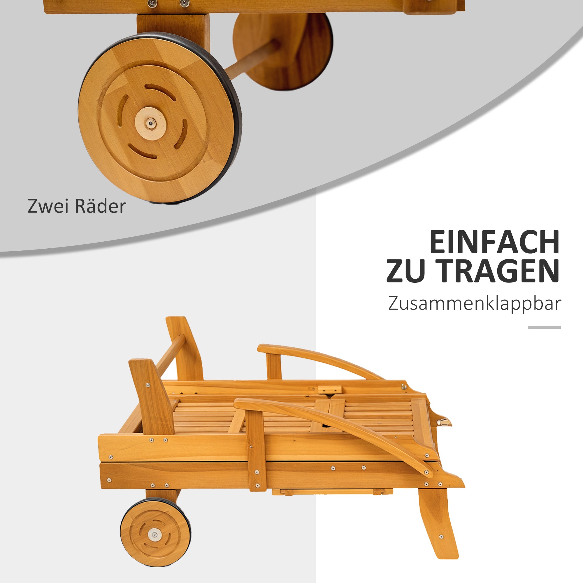 Wooden Sun Lounger Folding Garden Lounger with Side Table, Wheel, Lounger with 4-Position Adjustable Backrest, Camping Lounger, Garden Chair up to 160 kg Load Capacity, for Garden Beach, Teak