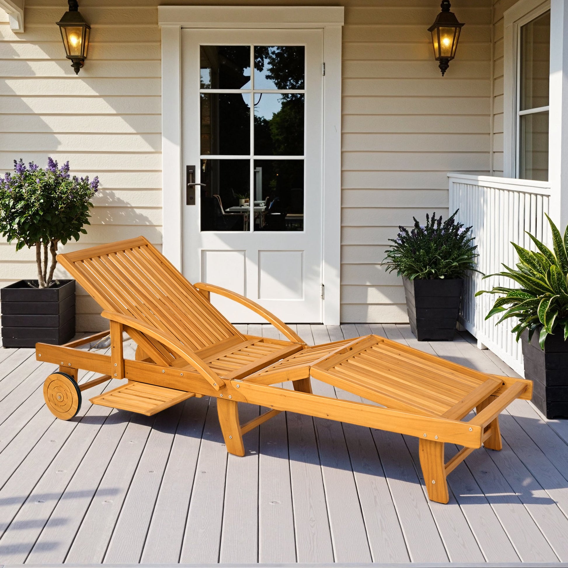Wooden Sun Lounger Folding Garden Lounger with Side Table, Wheel, Lounger with 4-Position Adjustable Backrest, Camping Lounger, Garden Chair up to 160 kg Load Capacity, for Garden Beach, Teak