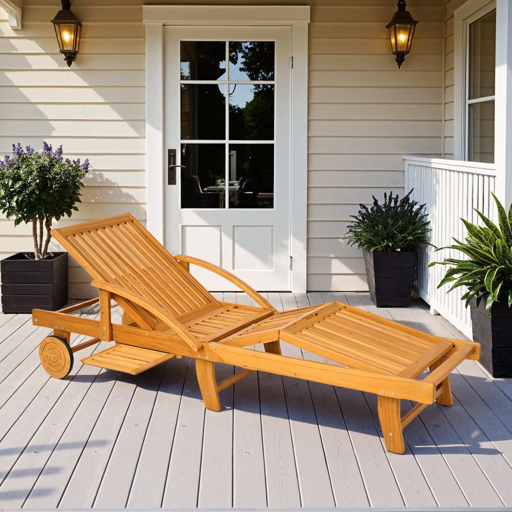Wooden Sun Lounger Folding Garden Lounger with Side Table, Wheel, Lounger with 4-Position Adjustable Backrest, Camping Lounger, Garden Chair up to 160 kg Load Capacity, for Garden Beach, Teak