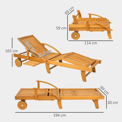 Wooden Sun Lounger Folding Garden Lounger with Side Table, Wheel, Lounger with 4-Position Adjustable Backrest, Camping Lounger, Garden Chair up to 160 kg Load Capacity, for Garden Beach, Teak