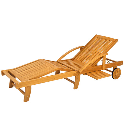 Wooden Sun Lounger Folding Garden Lounger with Side Table, Wheel, Lounger with 4-Position Adjustable Backrest, Camping Lounger, Garden Chair up to 160 kg Load Capacity, for Garden Beach, Teak
