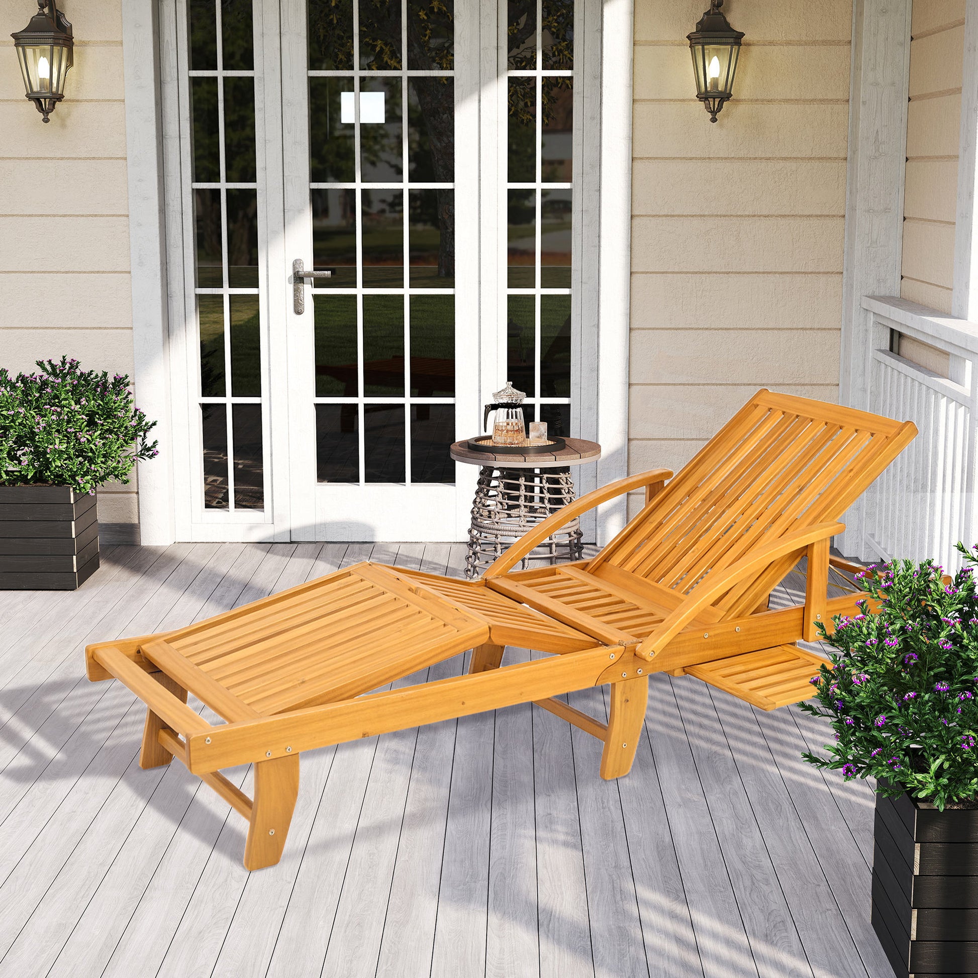 Wooden Sun Lounger Folding Garden Lounger with Side Table, Wheel, Lounger with 4-Position Adjustable Backrest, Camping Lounger, Garden Chair up to 160 kg Load Capacity, for Garden Beach, Teak