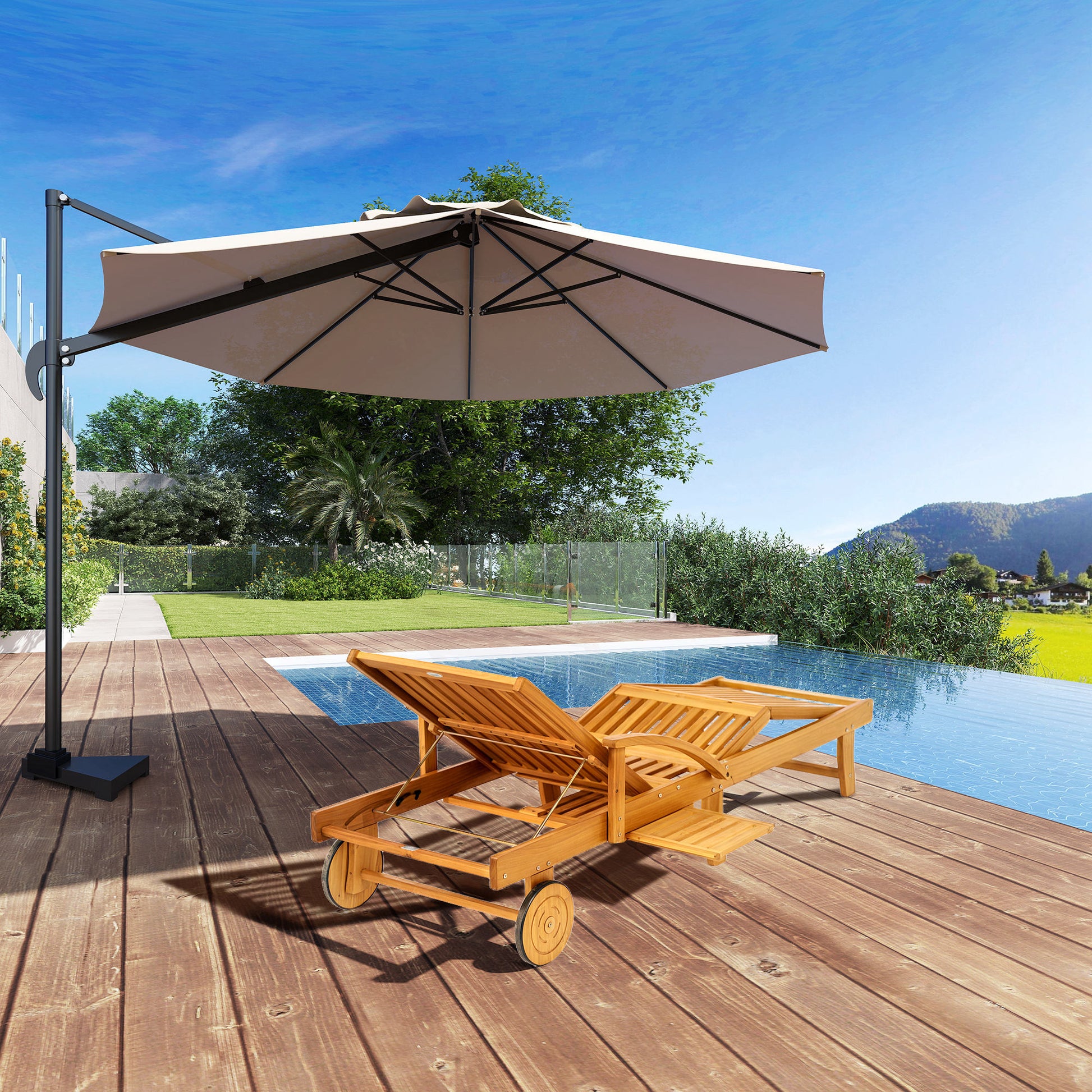 Wooden Sun Lounger Folding Garden Lounger with Side Table, Wheel, Lounger with 4-Position Adjustable Backrest, Camping Lounger, Garden Chair up to 160 kg Load Capacity, for Garden Beach, Teak
