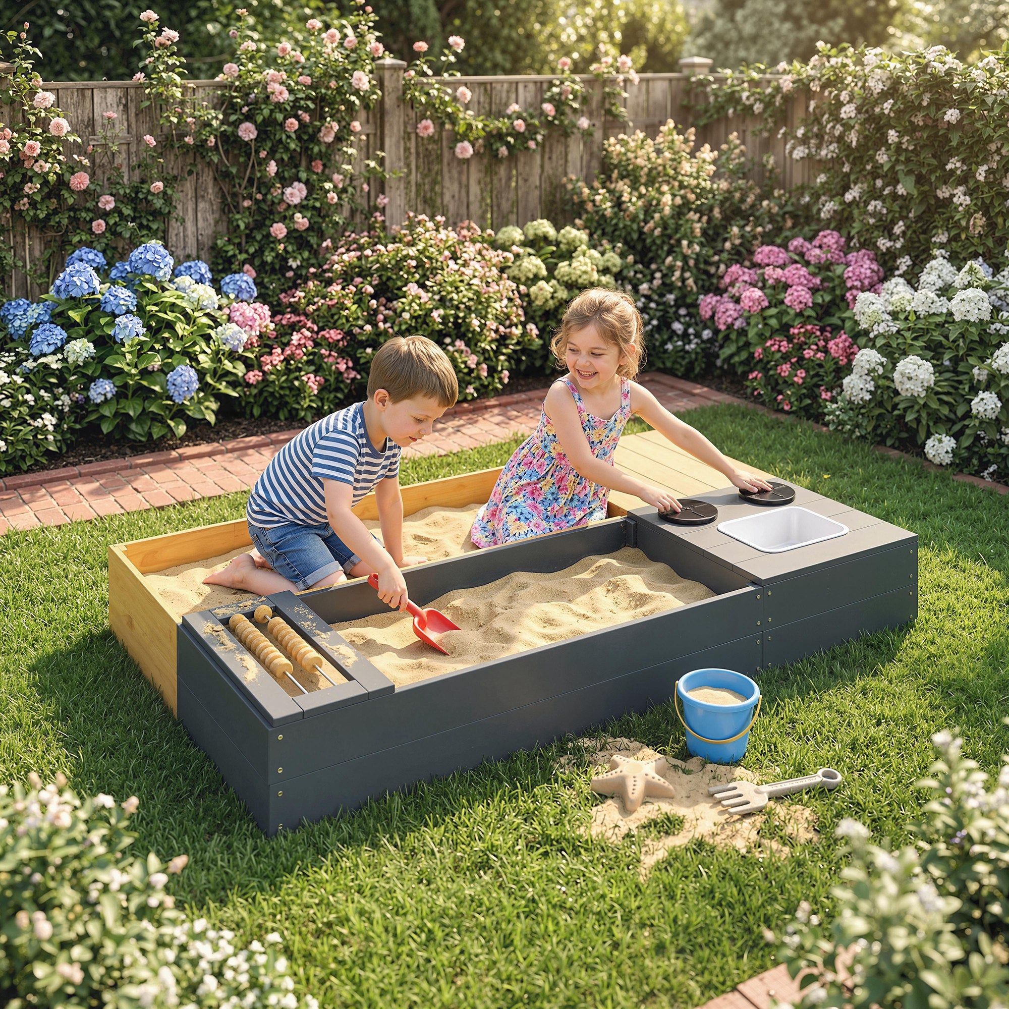 2-Piece Wooden Sandbox 59.1 x 35.4 in with Bench, Storage, Play Stove & Removable Sink, Abacus Beads – Ages 3–8, Yellow