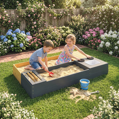 2-Piece Wooden Sandbox 59.1 x 35.4 in with Bench, Storage, Play Stove & Removable Sink, Abacus Beads – Ages 3–8, Yellow