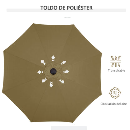 Ø268x238 cm Garden Umbrella Terrace Parasol with 24 Solar LED Lights Tilt Mechanism Crank and Detachable Metal Pole for Pool Patio Brown