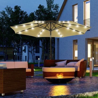 Ø268x238 cm Garden Umbrella Terrace Parasol with 24 Solar LED Lights Tilt Mechanism Crank and Detachable Metal Pole for Pool Patio Brown