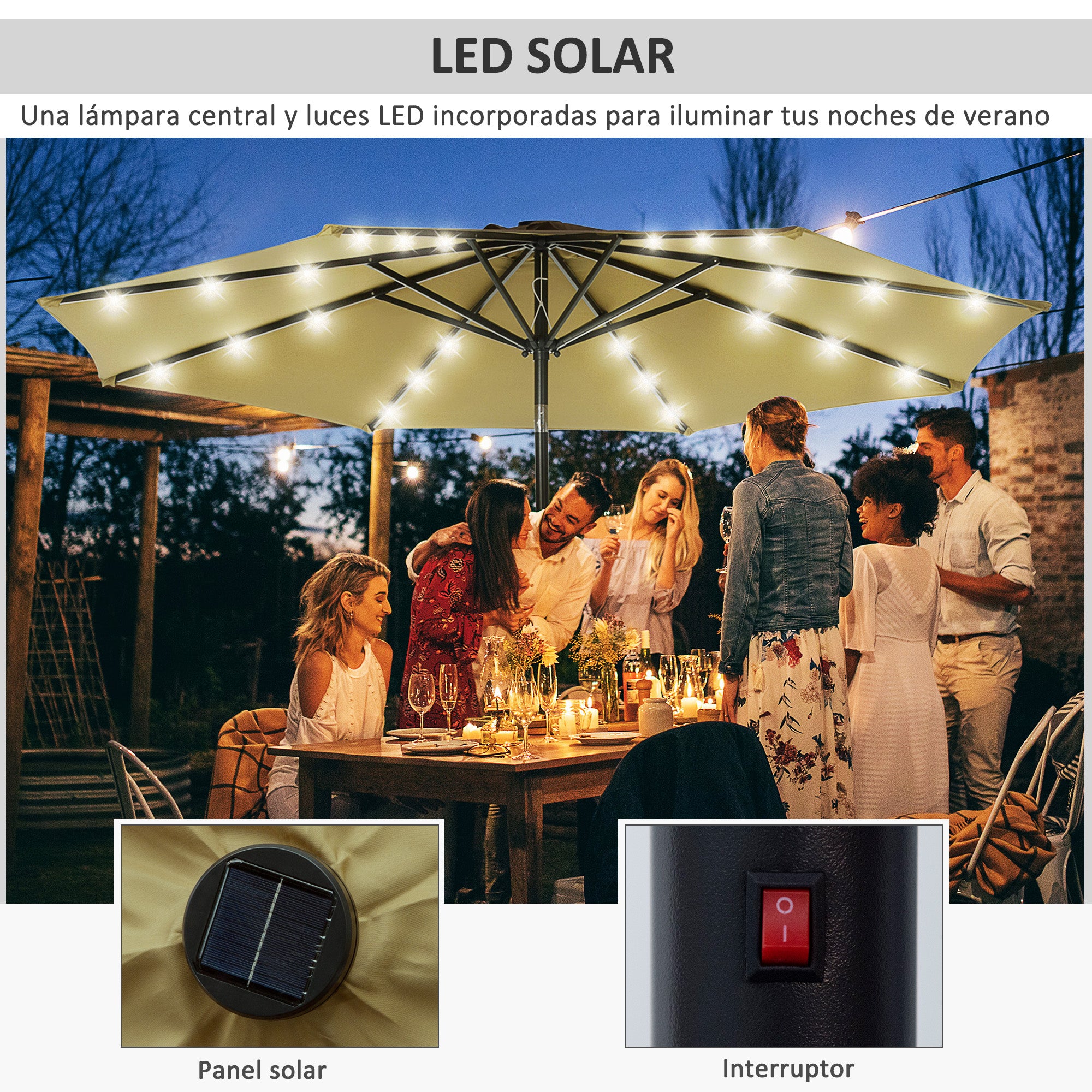 Ø268x238 cm Garden Umbrella Terrace Parasol with 24 Solar LED Lights Tilt Mechanism Crank and Detachable Metal Pole for Pool Patio Brown