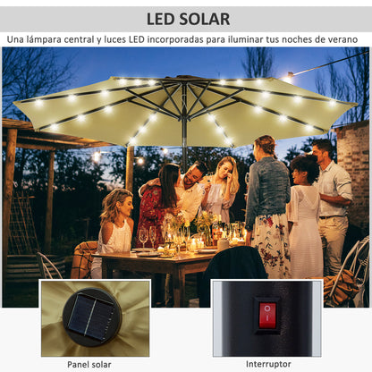 Ø268x238 cm Garden Umbrella Terrace Parasol with 24 Solar LED Lights Tilt Mechanism Crank and Detachable Metal Pole for Pool Patio Brown