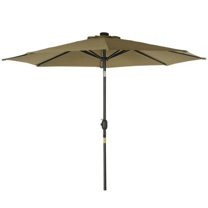 Ø268x238 cm Garden Umbrella Terrace Parasol with 24 Solar LED Lights Tilt Mechanism Crank and Detachable Metal Pole for Pool Patio Brown
