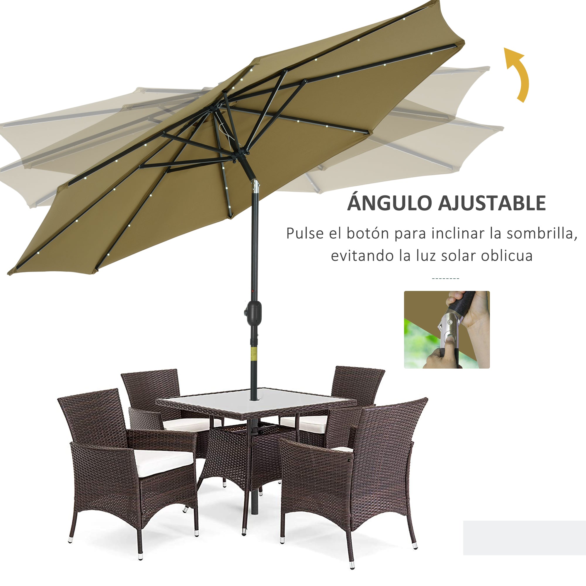 Ø268x238 cm Garden Umbrella Terrace Parasol with 24 Solar LED Lights Tilt Mechanism Crank and Detachable Metal Pole for Pool Patio Brown