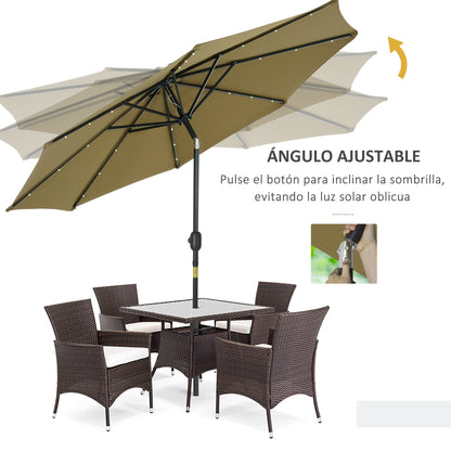 Ø268x238 cm Garden Umbrella Terrace Parasol with 24 Solar LED Lights Tilt Mechanism Crank and Detachable Metal Pole for Pool Patio Brown