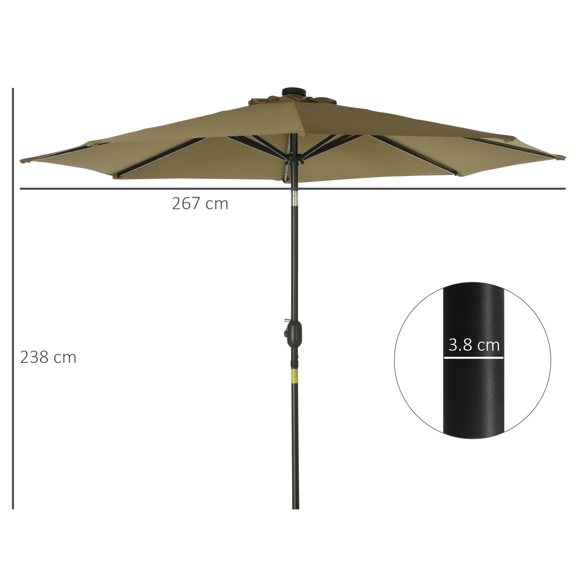 Ø268x238 cm Garden Umbrella Terrace Parasol with 24 Solar LED Lights Tilt Mechanism Crank and Detachable Metal Pole for Pool Patio Brown