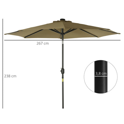 Ø268x238 cm Garden Umbrella Terrace Parasol with 24 Solar LED Lights Tilt Mechanism Crank and Detachable Metal Pole for Pool Patio Brown