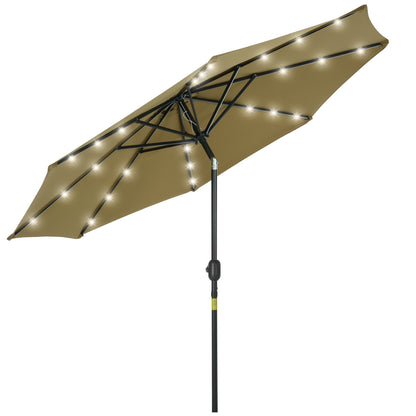 Ø268x238 cm Garden Umbrella Terrace Parasol with 24 Solar LED Lights Tilt Mechanism Crank and Detachable Metal Pole for Pool Patio Brown