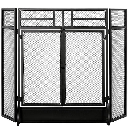 Fire Screen Foldable Fireplace Safety Guard with 3-Panel Double Door and Additional Feet 120x11.5x79 cm Black Metal Construction