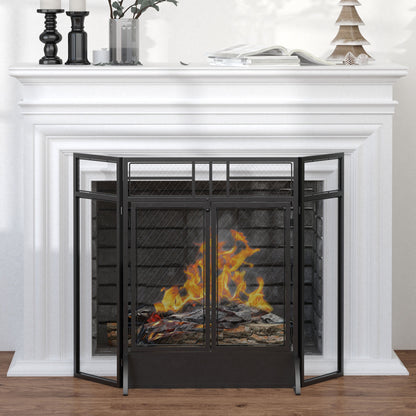 Fire Screen Foldable Fireplace Safety Guard with 3-Panel Double Door and Additional Feet 120x11.5x79 cm Black Metal Construction