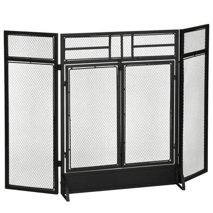 Fire Screen Foldable Fireplace Safety Guard with 3-Panel Double Door and Additional Feet 120x11.5x79 cm Black Metal Construction