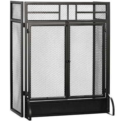 Fire Screen Foldable Fireplace Safety Guard with 3-Panel Double Door and Additional Feet 120x11.5x79 cm Black Metal Construction
