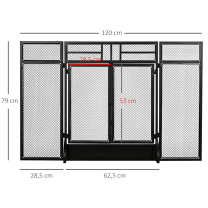 Fire Screen Foldable Fireplace Safety Guard with 3-Panel Double Door and Additional Feet 120x11.5x79 cm Black Metal Construction