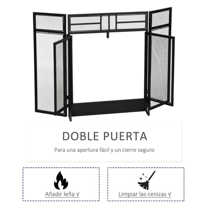 Fire Screen Foldable Fireplace Safety Guard with 3-Panel Double Door and Additional Feet 120x11.5x79 cm Black Metal Construction