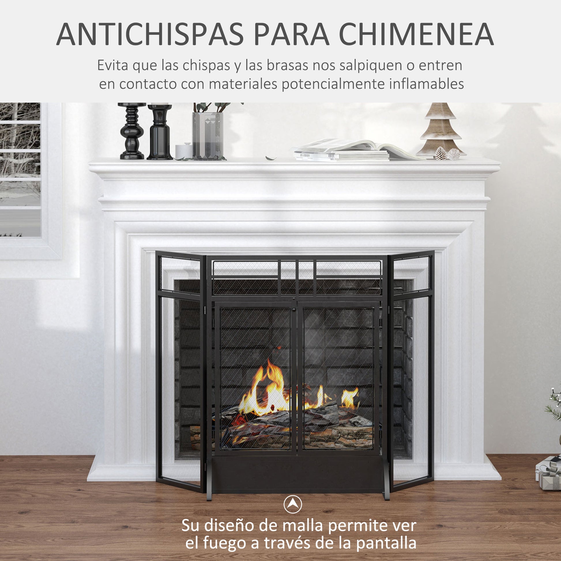 Fire Screen Foldable Fireplace Safety Guard with 3-Panel Double Door and Additional Feet 120x11.5x79 cm Black Metal Construction