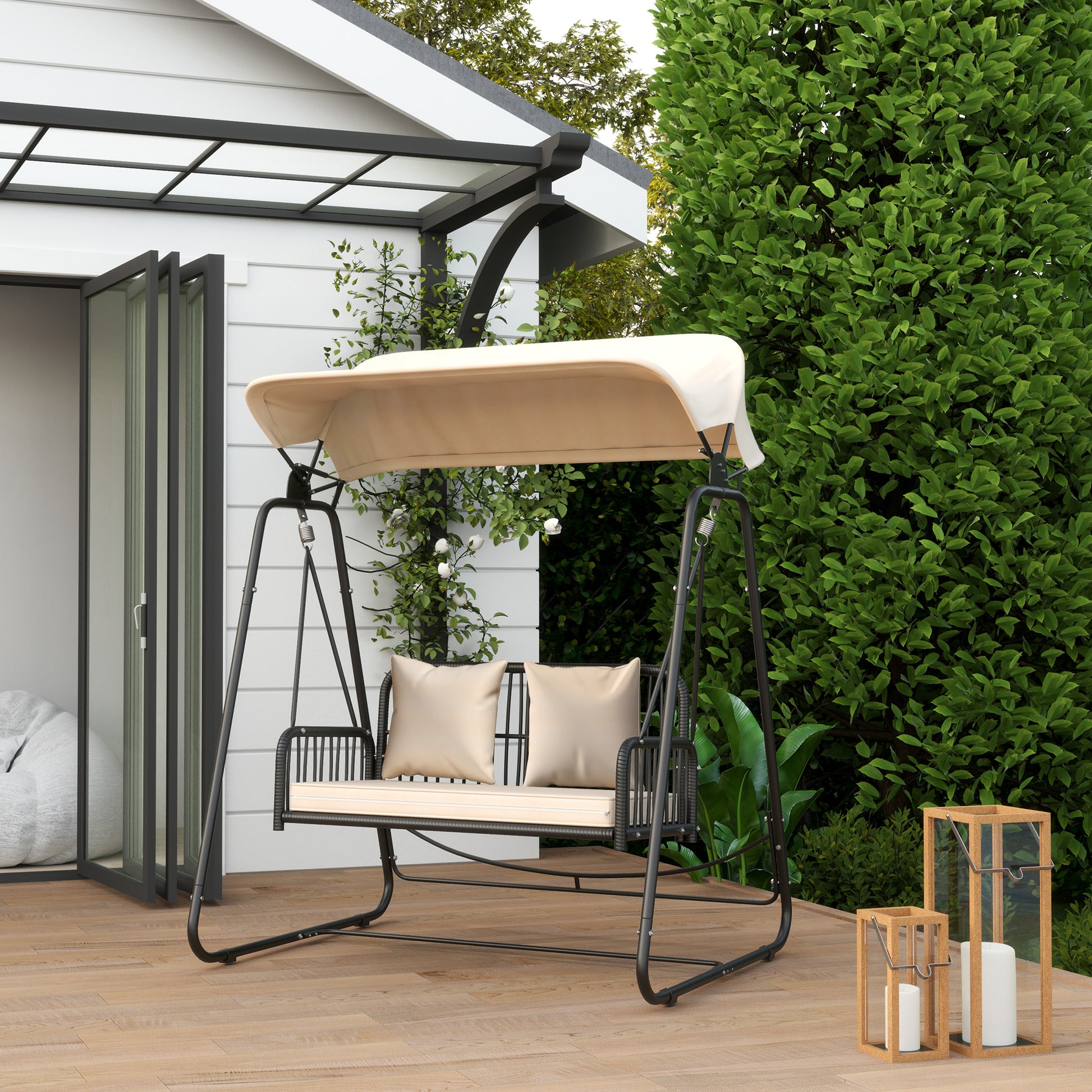 Rattan Hollywood Swing 2-Seater Garden Swing with Adjustable Canopy Cushions Hanging Bench up to 240 kg Load Hanging Swing Swing Bench for Garden Balcony 149 x 121 x 180 cm Khaki