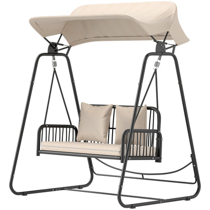 Rattan Hollywood Swing 2-Seater Garden Swing with Adjustable Canopy Cushions Hanging Bench up to 240 kg Load Hanging Swing Swing Bench for Garden Balcony 149 x 121 x 180 cm Khaki