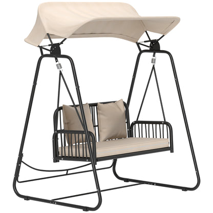 Rattan Hollywood Swing 2-Seater Garden Swing with Adjustable Canopy Cushions Hanging Bench up to 240 kg Load Hanging Swing Swing Bench for Garden Balcony 149 x 121 x 180 cm Khaki