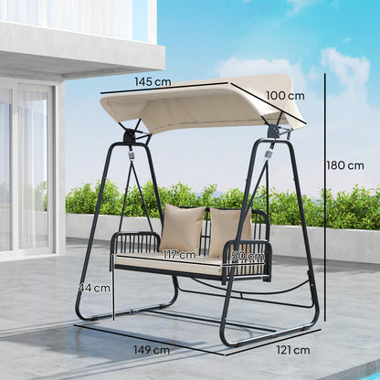 Rattan Hollywood Swing 2-Seater Garden Swing with Adjustable Canopy Cushions Hanging Bench up to 240 kg Load Hanging Swing Swing Bench for Garden Balcony 149 x 121 x 180 cm Khaki
