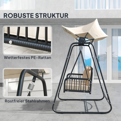 Rattan Hollywood Swing 2-Seater Garden Swing with Adjustable Canopy Cushions Hanging Bench up to 240 kg Load Hanging Swing Swing Bench for Garden Balcony 149 x 121 x 180 cm Khaki