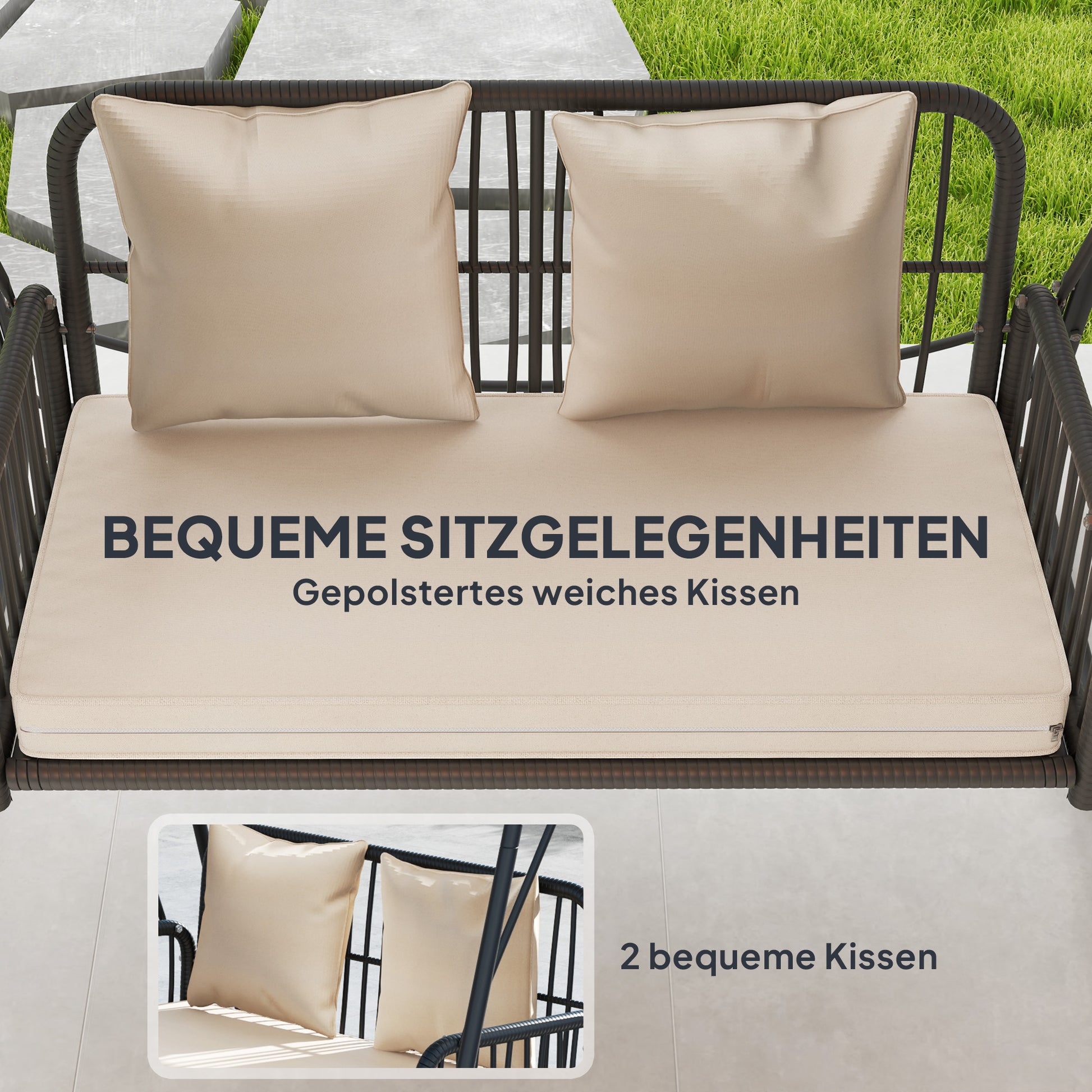 Rattan Hollywood Swing 2-Seater Garden Swing with Adjustable Canopy Cushions Hanging Bench up to 240 kg Load Hanging Swing Swing Bench for Garden Balcony 149 x 121 x 180 cm Khaki
