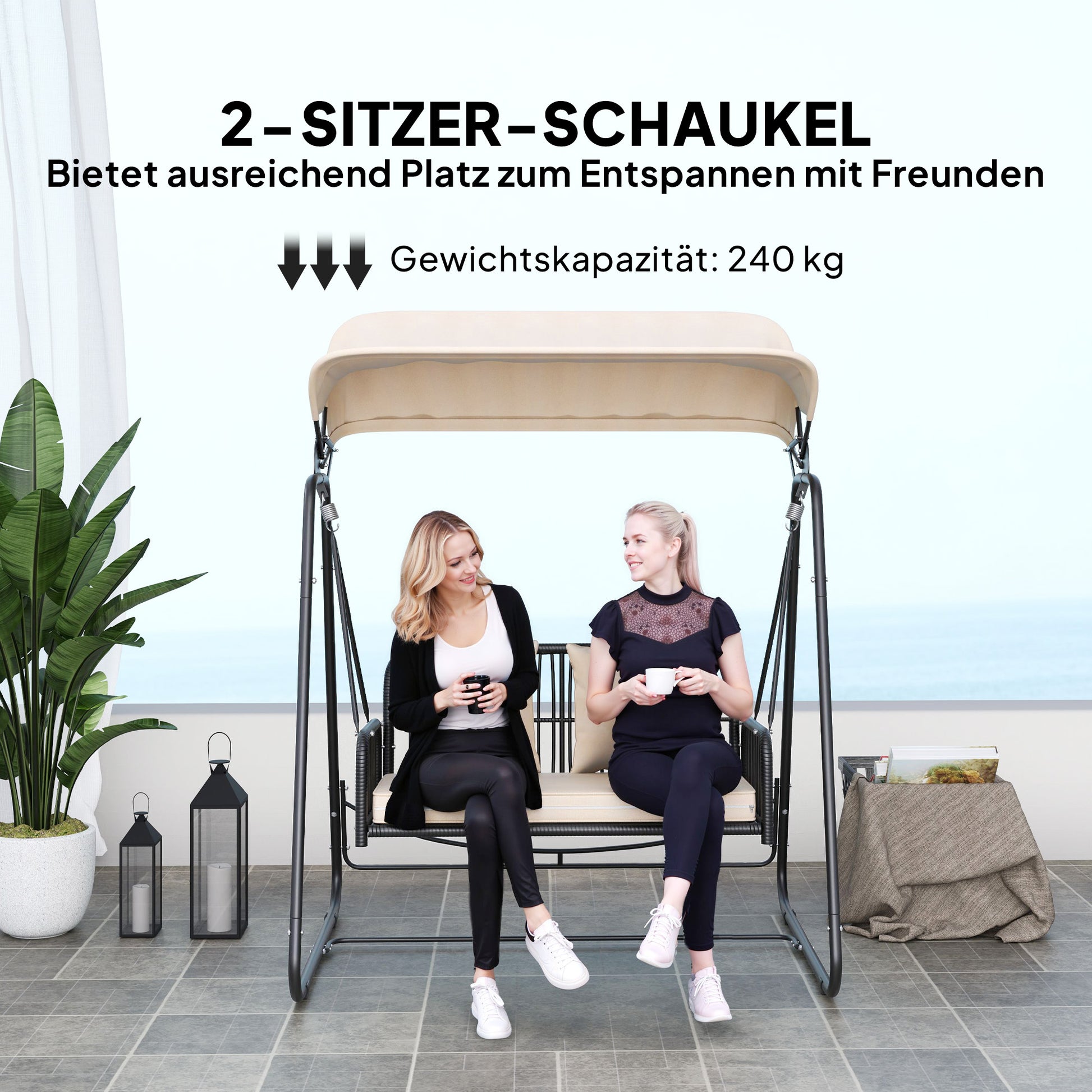 Rattan Hollywood Swing 2-Seater Garden Swing with Adjustable Canopy Cushions Hanging Bench up to 240 kg Load Hanging Swing Swing Bench for Garden Balcony 149 x 121 x 180 cm Khaki