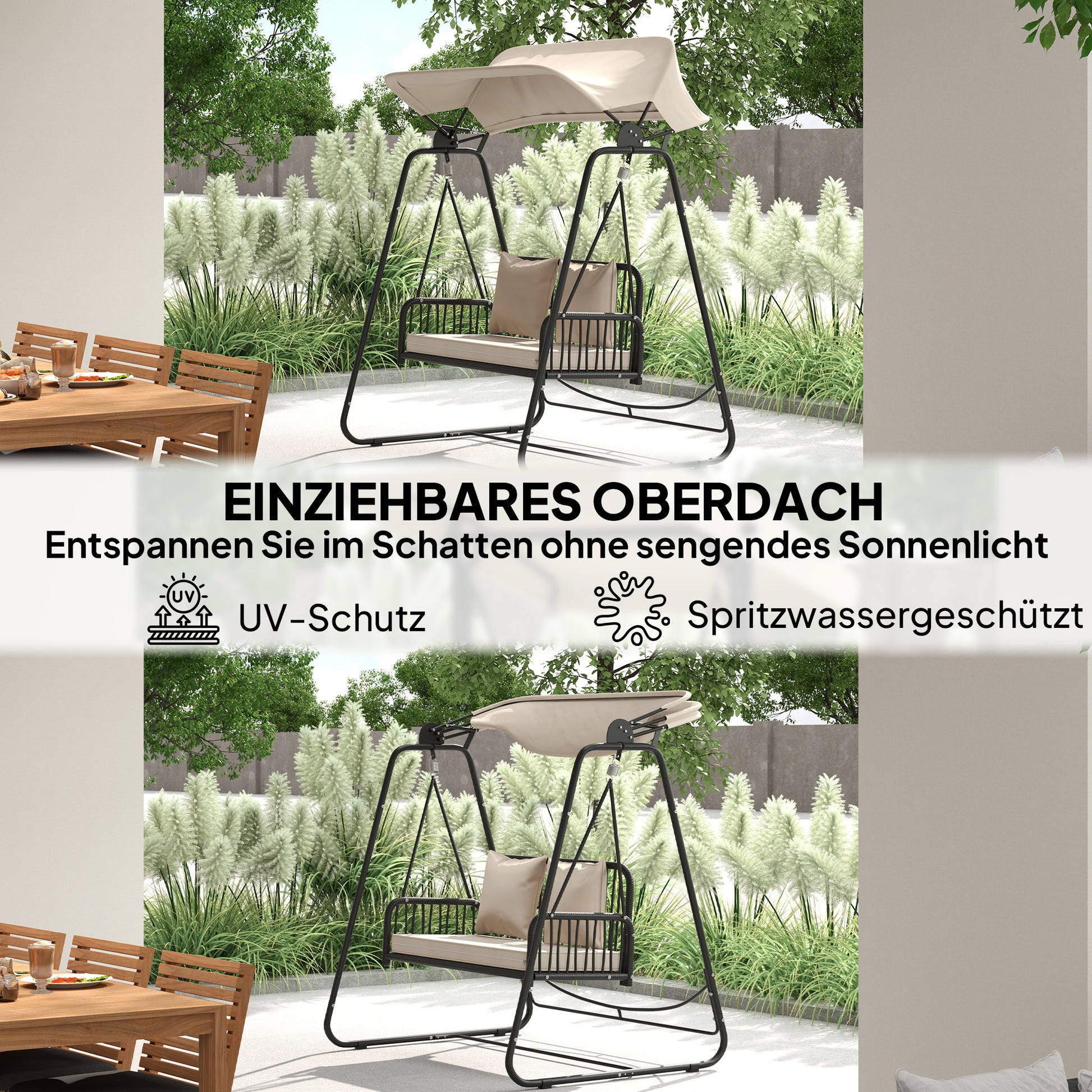 Rattan Hollywood Swing 2-Seater Garden Swing with Adjustable Canopy Cushions Hanging Bench up to 240 kg Load Hanging Swing Swing Bench for Garden Balcony 149 x 121 x 180 cm Khaki