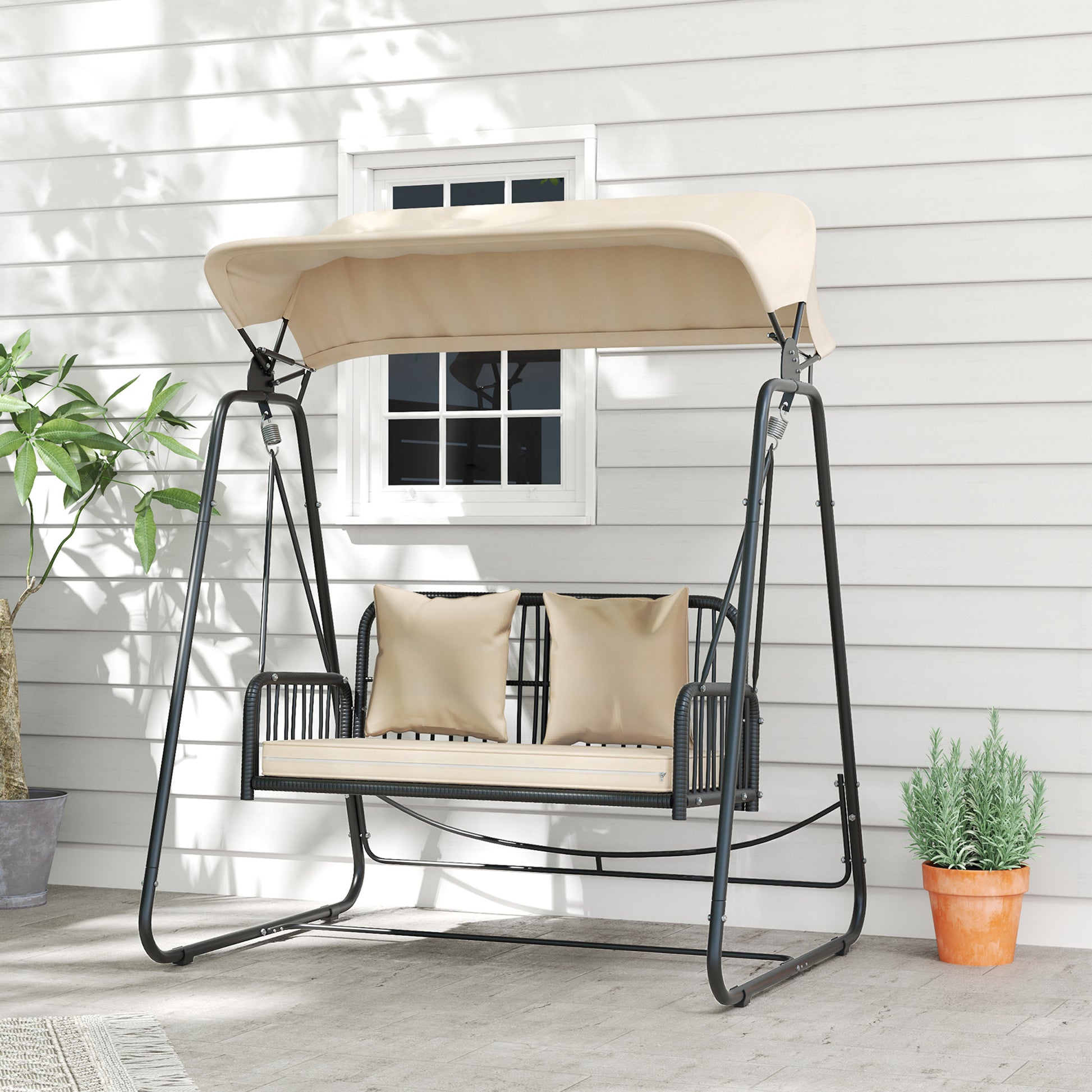 Rattan Hollywood Swing 2-Seater Garden Swing with Adjustable Canopy Cushions Hanging Bench up to 240 kg Load Hanging Swing Swing Bench for Garden Balcony 149 x 121 x 180 cm Khaki