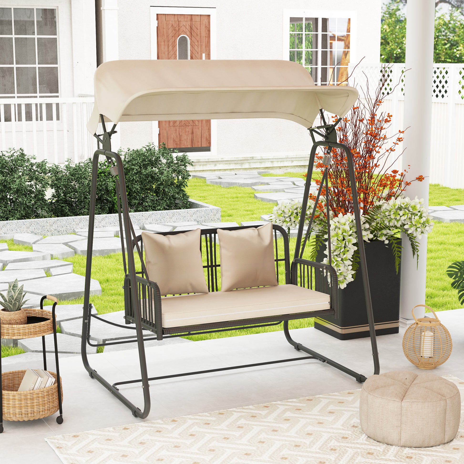 Rattan Hollywood Swing 2-Seater Garden Swing with Adjustable Canopy Cushions Hanging Bench up to 240 kg Load Hanging Swing Swing Bench for Garden Balcony 149 x 121 x 180 cm Khaki