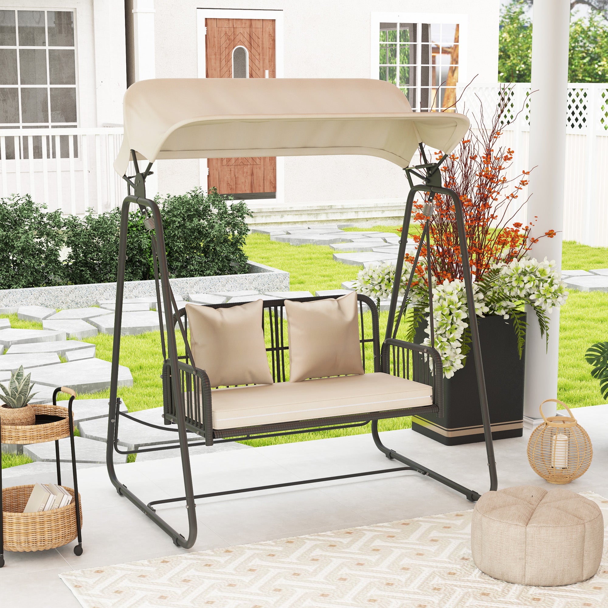 Rattan Hollywood Swing 2-Seater Garden Swing with Adjustable Canopy Cushions Hanging Bench up to 240 kg Load Hanging Swing Swing Bench for Garden Balcony 149 x 121 x 180 cm Khaki