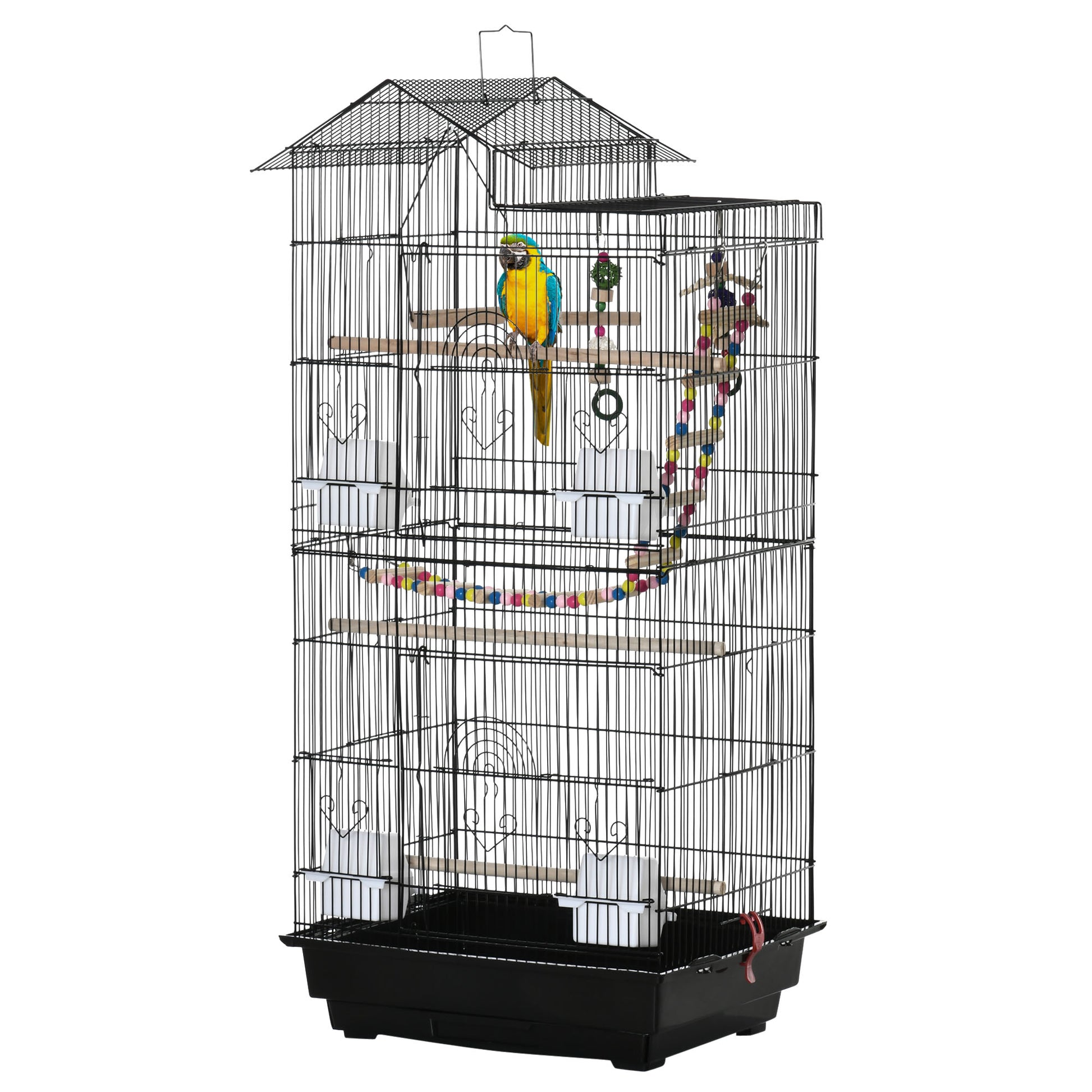 Bird Cage Aviary with Multiple Doors 4 Feeders 3 Perches Swing Ladders and Removable Tray for Parrots Canaries Budgies 46x36x100 cm Black