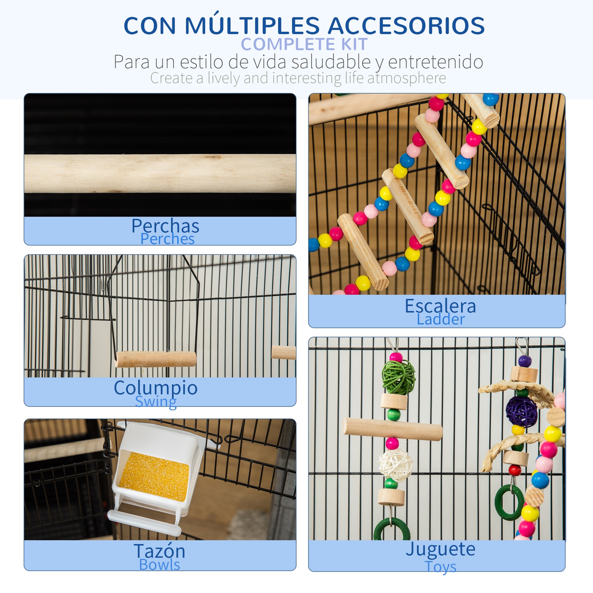 Bird Cage Aviary with Multiple Doors 4 Feeders 3 Perches Swing Ladders and Removable Tray for Parrots Canaries Budgies 46x36x100 cm Black